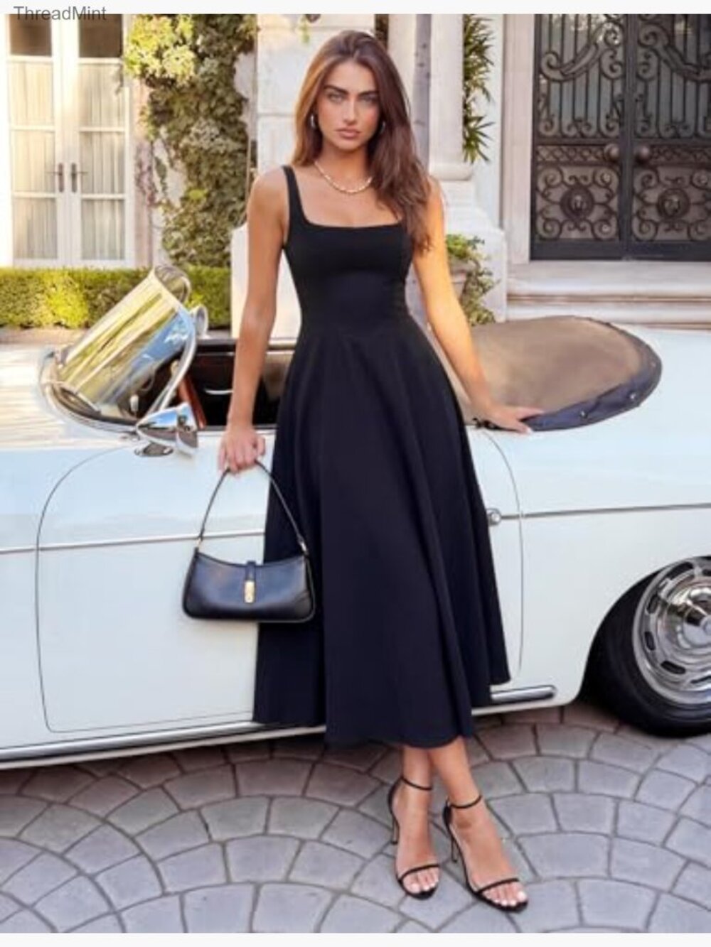 Sleeveless Midi Dress with Pockets, Square Neck, A-Line, Summer Casual - Picture 2 of 7
